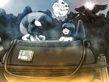 2girls :3 ahoge animal_ears arm_cannon bathing bird_wings breasts cauldron cleavage closed_eyes closed_mouth commentary_request futatsuiwa_mamizou glasses highres large_breasts limited_palette long_hair math medium_breasts multiple_girls open_mouth physics raccoon_ears raccoon_tail reiuji_utsuho shirosato short_hair smile tail third_eye touhou towel towel_around_neck towel_on_head translation_request tree upper_body weapon wings yatagarasu