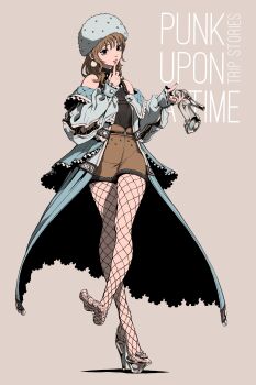 1girl absurdres blue_coat blue_eyes brown_background brown_hair brown_shorts cinderella_(fairy_tale) cinderella_(fairy_tale_character) coat commentary_request cyberpunk earrings english_text fishnet_pantyhose fishnets frilled_coat frills full_body glass_slipper high_heels highres holding holding_shoes holding_unworn_clothes jewelry long_coat off_shoulder original pantyhose shoes shorts solo standing unworn_shoes user_ujsh8484