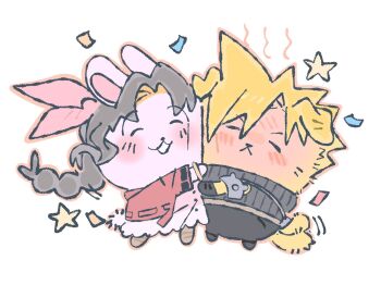 >_< 1boy 1girl :3 aerith_gainsborough animal_ears animalization armor bangle black_boots black_gloves black_pants blonde_hair blush boots bracelet braid braided_ponytail brown_boots chibikemo chiikawa closed_eyes cloud_strife confetti dog_ears dress final_fantasy final_fantasy_vii final_fantasy_vii_remake gloves hair_between_eyes hair_ribbon highres jacket jewelry long_hair mmmckayyy pants parted_bangs pauldrons pink_dress pink_ribbon rabbit_ears red_jacket ribbon short_hair shoulder_armor sidelocks single_braid single_pauldron spiked_hair x3