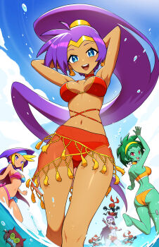 Rule 34 | 4girls, absurdres, armpits, arms behind head, bandana, bikini, bikini shorts, blonde hair, blue eyes, blue sky, breasts, circlet, colored skin, commentary, dark-skinned female, dark skin, earrings, english commentary, from below, green hair, green skin, hairband, highres, hood, jewelry, long hair, looking at viewer, medium breasts, multicolored bikini, multiple girls, navel, ocean, open mouth, orange bikini, pointing, ponytail, purple eyes, purple hair, purple hood, purple skin, red bikini, red eyes, revenantart, risky boots, rottytops, shantae, shantae (series), short hair, shorts, skull earrings, sky, sky (shantae), smile, swimsuit, two-tone bikini, udon entertainment, very long hair, water, yellow hairband, zombie