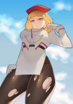 belt beret black_belt blank_eyes blank_stare blonde_hair blue_eyes brown_pantyhose brushing_hair curly_hair expressionless fighter&#039;s_impact fine_fabric_emphasis gloves hand_on_own_hip hat highres hime_cut konnichiwa looking_at_viewer looking_down military_hat military_uniform miniskirt otoseto pantyhose polish_army polish_clothes silene_rambert skirt torn_clothes torn_pantyhose