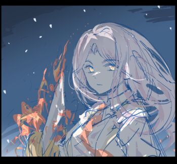 burning coat commentary_request holding holding_sword holding_weapon juiz_(undead_unluck) looking_at_viewer necktie pink_hair red_necktie shaded_face shirt sword undead_unluck weapon white_shirt winter yellow_eyes