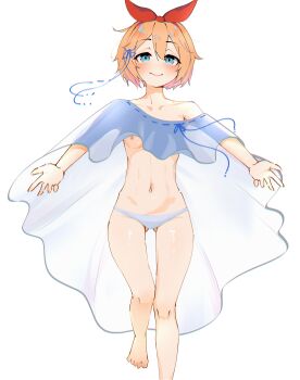 Rule 34 | 1girl, absurdres, aqua eyes, arms at sides, babywipes, barefoot, blue panties, blue poncho, blue ribbon, blush, borrowed clothes, breasts, closed mouth, collarbone, commentary, cosplay, english commentary, feet, foot out of frame, gluteal fold, hair ribbon, highres, looking at viewer, navel, nipples, no bra, orange hair, pandora (re:zero), pandora (re:zero) (cosplay), panties, petite, petra leyte, re:zero kara hajimeru isekai seikatsu, red ribbon, ribbon, short hair, simple background, single off shoulder, small breasts, solo, standing, standing on one leg, thigh gap, thighs, toes, underwear, white background