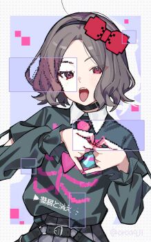 1girl absurdres black_shirt bow commentary detached_sleeves ebizuka_tomo girls_band_cry grey_hair hair_bow heart heart_hands highres kuji_(orca9ji) long_sleeves nail_polish open_mouth pink_nails pixelated purple_eyes red_bow shirt short_hair solo symbol-only_commentary teeth tongue tongue_out upper_teeth_only