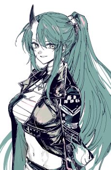 Rule 34 | 1girl, arknights, breasts, chest sarashi, commentary, facial scar, green hair, hair between eyes, highres, horns, hoshiguma (arknights), hoshiguma the breacher (arknights), jacket, long hair, long sleeves, looking at viewer, medium breasts, midriff, navel, nutella 1231, open clothes, open jacket, partially colored, sarashi, scar, scar on cheek, scar on face, simple background, single horn, smile, solo, symbol-only commentary, white background