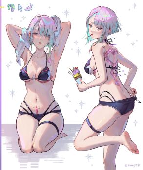 1girl absurdres artist_name barefoot bikini black_bikini blush breasts commentary cyberpunk:_edgerunners cyberpunk_(series) cyborg food full_body highres holding holding_food holding_ice_cream holding_ice_cream_cone holding_towel ice_cream ice_cream_cone kneeling looking_at_viewer lucy_(cyberpunk) medium_breasts multicolored_eyes multicolored_hair navel parted_lips short_hair solo swimsuit tamaki_(tamaki599) towel twitter_username wet white_hair