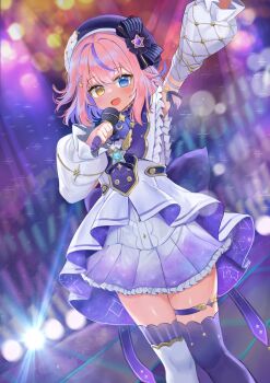 1girl absurdres beret blue_eyes commentary_request crescent detached_sleeves dress dress_over_shirt frilled_skirt frills hat heterochromia highres holding holding_microphone kurumizawa_momo_(noripro) looking_at_viewer medium_hair microphone multicolored_hair noripro pink_hair pocari_(sq551) puffy_detached_sleeves puffy_sleeves purple_hair purple_skirt shirt skirt solo stage_lights star_(symbol) streaked_hair thighhighs two-tone_hair virtual_youtuber white_dress white_shirt white_sleeves yellow_eyes