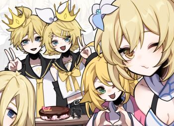 1boy 4girls :d ;d ahoge animal_ears artist_name artist_self-insert baisuya belt belt_buckle birthday black_belt black_sailor_collar black_sleeves blonde_hair blue_eyes bow buckle cake chinese_commentary collared_shirt color_connection commentary_request crossover detached_sleeves empty_eyes fang flower food fox_ears fox_girl fox_spirit_matchmaker frilled_sailor_collar frills genshin_impact green_eyes hair_between_eyes hair_bow hair_color_connection hair_flower hair_ornament hairclip hand_up heart heart_hands kagamine_len kagamine_rin long_hair long_sleeves looking_at_viewer lumine_(genshin_impact) midriff multiple_crossover multiple_girls necktie o3o one_eye_closed open_mouth parallel_hairclips peeking plate rachel_gardner sailor_collar satsuriku_no_tenshi shirt short_hair siblings sleeveless sleeveless_shirt smile table tushan_susu twins v vocaloid white_bow white_shirt yellow_bow yellow_eyes yellow_necktie zoom_layer