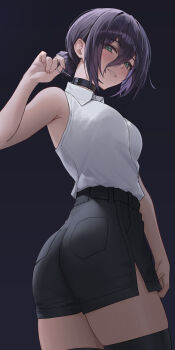 1girl absurdres armpits ass black_choker black_shorts black_thighhighs blush breasts chainsaw_man choker commentary from_below green_eyes grenade_pin hair_between_eyes highres long_hair_between_eyes looking_at_viewer medium_breasts purple_hair reze_(chainsaw_man) rianya07 shirt short_shorts shorts side_slit side_slit_shorts sleeveless sleeveless_shirt smile solo thighhighs twisted_torso white_shirt zettai_ryouiki