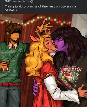 1other 2girls ^_^ alternate_costume animal_ears antlers black_hair black_shirt blonde_hair brown_hair buck_teeth chocolate_milk christmas christmas_lights christmas_sweater closed_eyes collared_shirt colored_skin commentary cowboy_shot cup curtains deer_antlers deer_ears deer_girl deltarune denim derivative_work dress drink drinking_glass english_commentary expressionless freckles frilled_sleeves frills furry furry_female green_sweater grey_pants hand_on_another's_back hand_on_another's_hip happy highres holding holding_drink horns indoors jeans kiss kissing_cheek kris_(deltarune) layered_sleeves long_hair long_sleeves medium_hair messy_hair monster_girl multiple_girls noelle_holiday outstretched_hand pants photo_background pocket print_shirt puffy_short_sleeves puffy_sleeves pump_upthejam purple_skin red_dress red_vest screenshot_inset screenshot_redraw shaded_face shirt shirt_under_sweater short_over_long_sleeves short_sleeves sidelocks snout standing susie_(deltarune) sweater swept_bangs t-shirt teeth utdr_(toby_fox) vest wavy_hair weezer_(band) white_shirt yuri