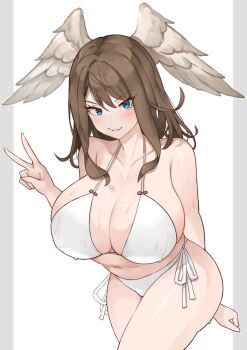 1girl absurdres arm_behind_back bikini blue_eyes breast_tattoo breasts brown_hair cleavage eunie_(xenoblade) head_wings highres large_breasts long_hair looking_at_viewer medium_hair simple_background smile solo swimsuit tattoo v white_bikini white_wings wings xenoblade_chronicles_(series) xenoblade_chronicles_3 yotsuha_uni