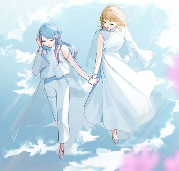2girls above_clouds aqua_hair asymmetrical_sleeves blonde_hair closed_eyes cloud commentary dress english_commentary eyelashes from_above fujimatsu_mei grey_shoes high_heels highres holding_hands long_dress long_hair long_sleeves multiple_girls open_mouth original pants pumps shirt shoes single_sleeve smile surreal walking white_dress white_pants white_shirt wide_sleeves
