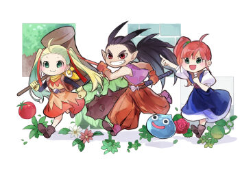 1boy 2girls belt blue_dress blush boots brown_belt brown_boots club club_(weapon) commentary_request dragon_quest dragon_quest_builders_2 dress female_builder_(dqb2) green_eyes horn-shaped_hair index_finger_raised multiple_girls oboro_keisuke pointing pointing_forward puffy_pants purple_vest red_eyes red_hair running ruru_(dqb2) sidoh_(dqb2) slime_(dragon_quest) smile spiked_club tomato twintails vest weapon