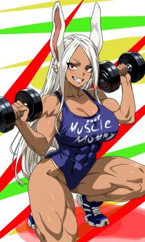 1girl abs animal_ears anime_coloring blue_one-piece_swimsuit blue_shoes boku_no_hero_academia breasts cleavage collarbone commentary covered_navel dark-skinned_female dark_skin dumbbell english_commentary exercising full_body grin gt_(inesperados2013) highres holding holding_dumbbell large_breasts long_hair looking_at_viewer mirko muscular muscular_arms muscular_female muscular_legs on_one_knee one-piece_swimsuit rabbit_ears rabbit_girl rabbit_tail red_eyes shoes smile sneakers solo swimsuit tail thick_thighs thighs