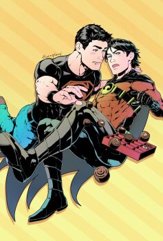 2boys artist_name bara belt black_belt black_bodysuit black_hair black_shirt blue_eyes blue_pants blush bodysuit boots box box_of_chocolates chocolate dc_comics evinist flying food highres kon-el large_pectorals looking_at_another male_focus multicolored_bodysuit multiple_boys muscular muscular_male open_mouth pants pectorals red_bodysuit shirt short_hair simple_background superboy tim_drake two-tone_bodysuit wristband yaoi young_justice