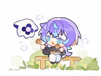 1boy bench black_shirt blue_hair bush chibi colored_tips commentary eating food ghost green_eyes highres holding holding_food hoshirube_sho long_hair long_sleeves looking_at_another male_focus multicolored_hair nijisanji offering_food open_mouth otomo_(hoshirube_sho) pants purple_hair shirt shuxingbuming_moxiaobai simple_background sitting smile solo takoyaki virtual_youtuber white_background white_pants