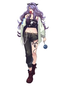 1girl alternate_costume asymmetrical_legwear boots breasts cake_pop camilla_(fire_emblem) cleavage commentary commission crop_top denim eating english_commentary fire_emblem fire_emblem_fates food food_in_mouth full_body hair_between_eyes hair_ornament hair_over_one_eye highres holding holding_food jacket jeans large_breasts leg_tattoo long_hair long_sleeves looking_at_viewer loose_clothes midriff navel nintendo pants parted_bangs purple_hair red_eyes rod_langhi simple_background solo swept_bangs tachi-e tattoo tiara torn_clothes torn_jeans torn_pants very_long_hair wallet_chain wavy_hair white_background