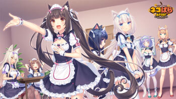 6+girls :3 :d ahoge animal_ear_fluff animal_ear_legwear animal_ears apron arms_behind_head azuki_(nekopara) bare_legs bell black_skirt blonde_hair blue_bow blue_eyes bow breasts brown_hair buttons cat_ear_legwear cat_ear_thighhighs cat_ears cat_girl cat_tail cat_thighhighs character_name chocola_(nekopara) cinnamon_(nekopara) cleavage closed_eyes closed_mouth coconut_(nekopara) fake_animal_ears fangs fishnets game_cg green_bow green_eyes hair_ornament hair_ribbon hand_on_own_face heart heart_button heterochromia high_heels indoors large_breasts looking_at_viewer low_twintails maid maid_apron maid_headdress maple_(nekopara) medium_breasts minazuki_shigure multiple_girls name_tag nameplate neck_bell nekopara official_art open_mouth orange_bow orange_eyes orange_hair pantyhose pink_bow purple_bow purple_eyes purple_hair ribbon sayori_(neko_works) siblings sisters skirt slit_pupils small_breasts smile socks tail thighhighs twins twintails two_side_up vanilla_(nekopara) watermark wavy_hair white_hair white_pantyhose white_ribbon white_socks white_thighhighs wrist_cuffs yellow_bow yellow_eyes