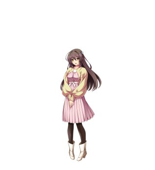 1girl black_pantyhose boots breasts brown_eyes brown_hair casual dress full_body game_cg hair_ornament high_heels highres inoino jewelry katsuragi_marina kouyoku_senki_exs-tia large_variant_set long_hair looking_at_viewer non-web_source official_art open_mouth ornate_ring own_hands_together pantyhose pink_dress ring smile solo standing transparent_background variant_set