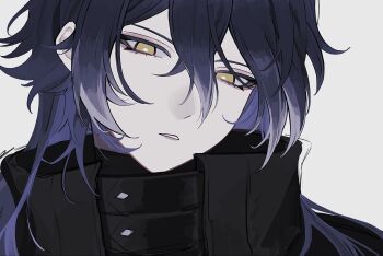 1boy black_jacket blue_hair collared_jacket eyelashes flins_(genshin_impact) genshin_impact gradient_hair grey_hair hair_behind_ear hair_between_eyes hashtag-only_commentary highres jacket male_focus multicolored_hair parted_lips shirayuki_(shi_rayu_ki) simple_background solo teeth upper_body white_background yellow_eyes