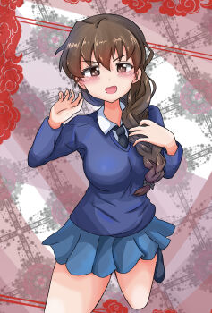1girl absurdres bare_legs black_necktie black_ribbon black_shoes blue_skirt blue_sweater blush braid breasts brown_hair collared_shirt commentary_request girls_und_panzer hair_ribbon hair_tie hand_on_own_chest highres large_breasts long_braid long_hair long_sleeves miniskirt necktie open_mouth patterned_background pleated_skirt ribbon rukuriri_(girls_und_panzer) school_uniform shirt shoes single_braid skirt solo st._gloriana&#039;s_school_uniform sweater unworn_legwear vought_f4u white_shirt