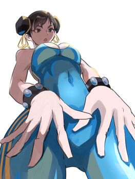 1girl bare_shoulders blue_bodysuit bodysuit bracelet breasts brown_eyes brown_hair capcom chun-li cleavage covered_navel double_bun eyeliner female_focus hair_bun hair_ribbon hand_on_own_thigh hand_on_own_thighs highres jewelry large_breasts matching_hair/eyes meke_(77842928) navel open_mouth red_eyeliner ribbon simple_background solo spiked_bracelet spikes street_fighter street_fighter_zero_(series) white_background yellow_hair_ribbon yellow_ribbon