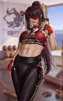 1girl abs absurdres arm_at_side ball beidou_(genshin_impact) bra breasts brown_hair exercising exercise_ball eyepatch fingerless_gloves genshin_impact gloves hair_ornament highres holding holding_phone indoors lips long_hair looking_at_viewer medium_breasts meister_staze mesh muscular muscular_female navel phone ponytail red_bra red_eyes smile sports_bra sportswear sweat underwear workout_clothes