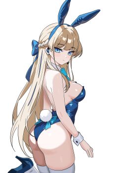 1girl absurdres animal_ear_hairband animal_ears aqua_bow aqua_bowtie ass bare_shoulders blue_archive blue_bow blue_eyes blue_hair blue_hairband blue_leotard blue_shoes blunt_bangs blush bow bowtie braid breasts closed_mouth commentary commission cowboy_shot curvy detached_collar english_commentary expressionless fake_animal_ears from_behind gubee hair_bow hair_intakes hairband half_up_braid high_heels highleg highleg_leotard highres large_breasts leotard long_hair looking_at_viewer multicolored_hair official_alternate_costume official_alternate_hairstyle pixiv_commission playboy_bunny shoes sideboob sidelocks simple_background skindentation solo standing standing_on_one_leg straight_hair strapless strapless_leotard streaked_hair thighhighs thighs toki_(blue_archive) toki_(bunny)_(blue_archive) very_long_hair white_background white_thighhighs white_wrist_cuffs wrist_cuffs