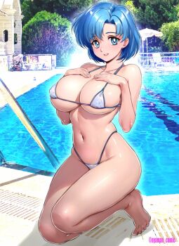 1girl bikini bishoujo_senshi_sailor_moon blue_eyes blue_hair breasts highres large_breasts looking_at_viewer micro_bikini mizuno_ami navel oyaman pool poolside short_hair smile solo swimsuit water