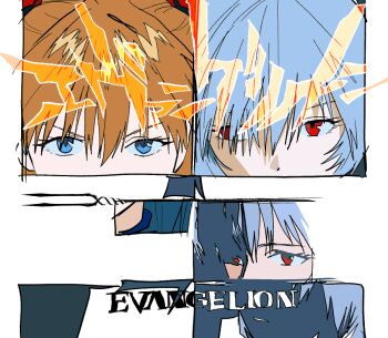 2girls ayanami_rei blue_eyes blue_hair border brown_hair copyright_name gwonminchang_(pedestrianium) hair_between_eyes hashtag-only_commentary headgear long_hair multiple_girls multiple_views neon_genesis_evangelion parted_lips red_eyes short_hair sketch souryuu_asuka_langley twintails upper_body white_border
