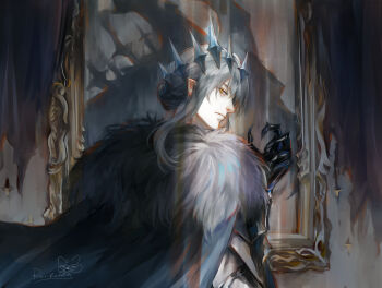 1boy cape closed_mouth colored_extremities commentary crack_of_light english_commentary fate_(series) fur_cape grey_cape hair_bun highres looking_back male_focus oberon_(fate) oberon_(third_ascension)_(fate) picture_frame pointy_ears renrenka_noi short_hair signature solo yellow_eyes