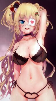 1girl 3d akai_haato arm_up armpits black_bra black_panties blonde_hair blue_eyes bow bra breasts choker cowboy_shot eyepatch hair_bow hair_ornament hairclip heart highres hololive jewelry large_breasts lingerie long_hair looking_at_viewer navel necklace open_mouth panties shiny_skin side-tie_panties solo sweat underwear virtual_youtuber wanwan