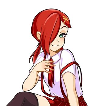 aqua_eyes artist_request black_thighhighs communism-chan dress_shirt hammer_and_sickle miniskirt narrowed_eyes necktie non-web_source one_eye_covered original overall_skirt pleated_skirt red_hair red_necktie red_skirt shirt short_sleeves skirt smile smirk strap_pull thighhighs transparent_background white_shirt