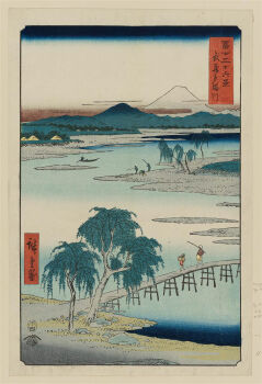Rule 34 | 19th century, 6+others, ando hiroshige, beach, blue sky, boat, bridge, cloud, coast, facing away, fine art parody, fishing, fishing rod, gradient sky, green kimono, highres, japan, japanese clothes, kimono, mount fuji, mountain, multiple others, nihonga, original, outdoors, parody, redd sky, river, rock, rowboat, rowing, sand, scenery, sky, thirty-six views of mount fuji (hiroshige), traditional media, translation request, tree, ukiyo-e, volcano, walking, water, white sky