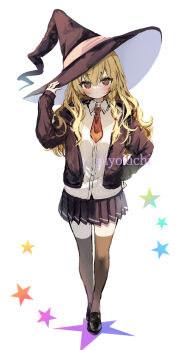 1girl adapted_costume black_jacket black_shoes black_skirt blonde_hair collared_shirt commentary_request full_body hair_between_eyes hand_in_pocket hand_on_own_hip hat hat_ornament highres jacket kirisame_marisa loafers long_hair looking_at_viewer necktie open_clothes open_jacket piyokichi pleated_skirt revision shirt shoes skirt solo standing star_(symbol) star_hat_ornament thighhighs touhou white_shirt witch_hat zettai_ryouiki