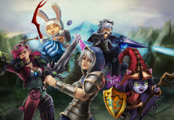 2boys 3girls 4rca ^_^ alternate_costume alternate_hair_color animal_ears armor arrow_(projectile) battle_bunny_riven belt blade blue_eyes boots bow_(weapon) breasts brown_eyes playboy_bunny character_name closed_eyes collar closed_eyes ezreal fairy gauntlets goggles goggles_on_head green_eyes hat hood league_of_legends long_hair lulu_(league_of_legends) multiple_boys multiple_girls open_mouth pink_hair pix_(league_of_legends) purple_hair quentin_lecuiller riven_(league_of_legends) shield shoulder_pads silver_hair staff sword teemo very_long_hair vi_(league_of_legends) weapon witch_hat