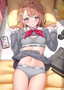 1girl artist_name bag bed bed_sheet black_socks blush braid breasts brown_hair cellphone charl2837 closed_mouth clothes_lift clothes_writing collarbone commentary_request cowboy_shot curtains fingernails flower grey_eyes grey_panties grey_serafuku grey_shirt grey_skirt grey_sports_bra hair_behind_ear hair_flower hair_ornament hanasato_minori hands_up highres indoors long_fingernails long_sleeves looking_at_viewer lying medium_breasts medium_hair midriff miyamasuzaka_girls&#039;_academy_school_uniform navel neckerchief on_back on_bed open_clothes open_mouth open_skirt panties phone pillow pleated_skirt project_sekai red_neckerchief sailor_collar school_bag school_uniform serafuku shirt shirt_lift side_braid single_sidelock skirt skirt_lift sleeve_cuffs small_breasts smartphone socks solo sports_bra stuffed_animal stuffed_toy sweat underwear underwear_writing unworn_socks variant_set white_sailor_collar