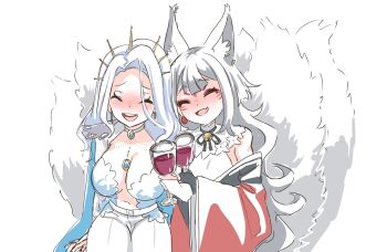 2girls ^_^ animal_ears black_gloves black_kimono blue_hair blush breasts choker cleavage closed_eyes commentary cup drinking_glass english_commentary eyeshadow fang fox_ears fox_tail gloves grey_hair highres holding holding_cup indie_virtual_youtuber japanese_clothes kimono large_breasts leaning_on_person makeup monarch_(amalee) monarch_(1st_costume)_(amalee) multiple_girls multiple_tails nashirasauce navel nijisanji nijisanji_en nina_kosaka off_shoulder open_mouth pants red_eyeshadow second-party_source shirt sitting sketch skin_fang smile tail virtual_youtuber white_choker white_pants white_shirt wine_glass