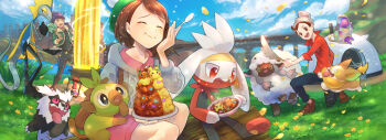 1girl 2boys backpack bag beanie black_pants black_shirt bridge brown_bag brown_eyes brown_footwear brown_hair cable_knit cardigan closed_eyes closed_mouth cloud collared_dress commentary_request curry day dress eating flower food fur-trimmed_jacket fur_trim galarian_form galarian_zigzagoon gen_8_pokemon glint gloria_(pokemon) grass green_headwear green_jacket grey_cardigan grey_headwear grookey hand_fan hat highres holding holding_fan holding_spoon hood hooded_cardigan hop_(pokemon) inteleon jacket kikuyoshi_(tracco) kneeling multiple_boys nintendo open_mouth outdoors pants petals pink_dress plate pokemon pokemon_(creature) pokemon_swsh polteageist pot purple_hair raboot red_shirt shirt shoes short_hair sitting sky sleeves_rolled_up smile spoon standing tam_o'_shanter teeth tongue victor_(pokemon) wooloo yamper yellow_eyes yellow_flower