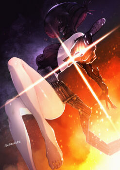1girl absurdres apron barefoot black_apron black_gloves bomb_devil_(chainsaw_man) breasts chainsaw_man dynamite elbow_gloves explosion explosive gloves highres imminent_attack niharai object_head reze_(chainsaw_man) small_breasts solo teeth twitter_username