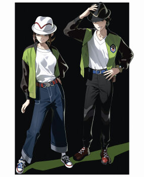 1boy 1girl 987645321o bell-bottoms belt black_background black_hair black_hat black_pants blue_belt blue_pants breasts brown_eyes brown_hair full_body green_jacket grin harmony_(pokemon) hat highres jacket long_sleeves looking_at_viewer nintendo open_clothes open_jacket open_mouth pants paxton_(pokemon) pokemon pokemon_legends:_z-a shirt shoes short_hair simple_background smile striped_hat white_hat white_shirt