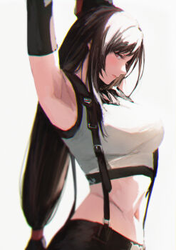 1girl absurdres armpits arms_up bare_shoulders black_gloves black_hair black_skirt black_sports_bra breasts closed_mouth crop_top elbow_gloves final_fantasy final_fantasy_vii final_fantasy_vii_rebirth final_fantasy_vii_remake flexible from_side gloves highres jewelry large_breasts light_smile long_hair looking_at_viewer low-tied_long_hair midriff navel red_eyes skirt solo sports_bra spykeee stretching suspender_skirt suspenders tank_top tifa_lockhart twitter_username upper_body very_long_hair white_tank_top