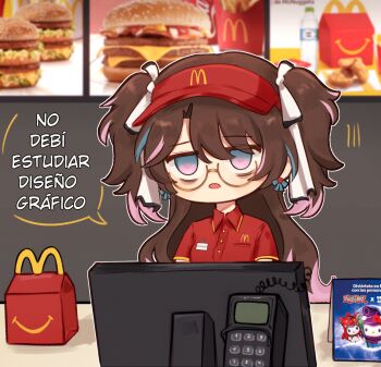 1girl aqua_eyes bags_under_eyes breasts brown_hair cashier collared_shirt colored_tips commentary happy_meal highres jhenny345 long_hair mcdonald&#039;s medium_breasts multicolored_eyes multicolored_hair pink_eyes red_shirt semi-rimless_eyewear shirt solo spanish_commentary spanish_text translated twintails two-tone_eyes two_side_up under-rim_eyewear visor_cap wuthering_waves yellow-framed_eyewear zhezhi_(wuthering_waves)
