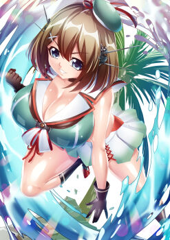 1girl aqua_hat aqua_shirt black_choker black_gloves black_socks blue_eyes breasts brown_hair choker cleavage clenched_hand commentary_request gloves gradient_clothes gradient_skirt green_skirt hair_between_eyes hair_ornament hairclip hat hat_ribbon highres huge_breasts kantai_collection kneehighs kogawawaki maya_(kancolle) maya_kai_ni_(kancolle) mini_hat miniskirt palm_tree pleated_skirt red_ribbon ribbon shiny_clothes shiny_skin shirt short_hair skirt sleeveless socks solo thick_thighs thighs tree water white_skirt x_hair_ornament