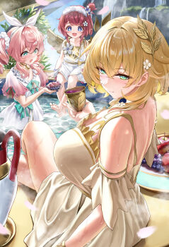 3girls absurdres aglaea_(honkai:_star_rail) alternate_costume apple aqua_eyes barefoot bath blonde_hair blue_eyes bocchi_(kuropom7) bow breasts bright_pupils commentary_request cup dress drill_hair drinking_glass flower food fruit grapes green_eyes hair_flower hair_ornament highres honkai:_star_rail honkai_(series) hyacine_(honkai:_star_rail) large_breasts laurel_crown leaf looking_at_viewer medium_hair multiple_girls pink_hair red_hair sitting smile sparkling_eyes steam symbol-shaped_pupils thighs tribbie_(honkai:_star_rail) twin_drills vase water_drop wine_glass wings