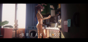 1girl 3d amiya_(arknights) animal_ears arknights ass bad_id bad_pixiv_id bangeningmeng bare_arms bare_shoulders basket bikini black_bikini blue_eyes breasts brown_hair cabinet closed_mouth commentary_request cup curtains day drawer english_text feet_out_of_frame female_focus from_side highres holding holding_jar indoors jar kitchen letterboxed long_hair painting_(object) paper plate ponytail pot rabbit_ears refrigerator sidelocks small_breasts smile solo standing stool string_bikini stuffed_animal stuffed_rabbit stuffed_toy sunlight swimsuit underboob washing_machine window