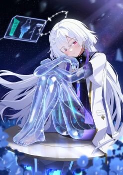 Rule 34 | 1girl, absurdres, barefoot, chinese commentary, closed mouth, colored eyelashes, commentary request, dress, earrings, feet, grey hair, hair ornament, halo, highres, holographic interface, jacket, jewelry, knees up, legs together, light blush, long hair, looking at viewer, mornye (wuthering waves), purple dress, red eyes, sdftehn, see-through body, sitting, solo, tacet mark (wuthering waves), toes, triangle earrings, white jacket, wuthering waves