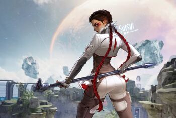 1girl apex_legends artist_name ass ass_focus blurry blurry_background braid commentary dark-skinned_female dark_skin ear_piercing english_commentary english_text eyeshadow hair_behind_ear highres holding holding_staff instagram_logo jacket lips lipstick loba_(apex_legends) looking_at_viewer looking_back makeup multicolored_hair outdoors pants piercing planet red_eyeshadow rock signature solo solo_focus space staff suisui_again twin_braids twitter_logo twitter_username two-tone_hair upper_body weapon