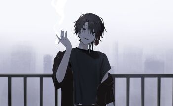 1boy black_hair black_shirt cigarette cityscape commentary hair_between_eyes hair_bun hand_up head_tilt highres holding holding_cigarette jacket looking_at_viewer male_focus nijisanji open_clothes open_jacket open_mouth parted_bangs railing ryaa_ko saegusa_akina shirt short_sleeves skyline smile smoking solo symbol-only_commentary teeth upper_body upper_teeth_only virtual_youtuber