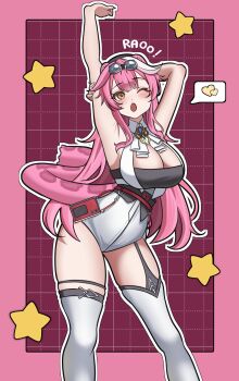 1girl animal_ears arm_up armpits ascot beret black_garter_straps black_hat blush breasts chattino_(raora_panthera) cleavage collared_shirt commentary eyeshadow fang garter_straps goggles goggles_on_head grid_background hair_intakes hat heart high-waist_shorts highres hololive hololive_english large_breasts layunaart long_hair makeup multicolored_hair one_eye_closed open_mouth panther_ears panther_girl panther_tail pink_background pink_eyeshadow pink_hair pink_tail raora_panthera shirt shorts skin_fang sleeveless sleeveless_shirt solo spoken_heart star_(symbol) streaked_hair stretching tail thigh_strap thighhighs thighs virtual_youtuber white_ascot white_shirt white_shorts white_thighhighs yellow_eyes